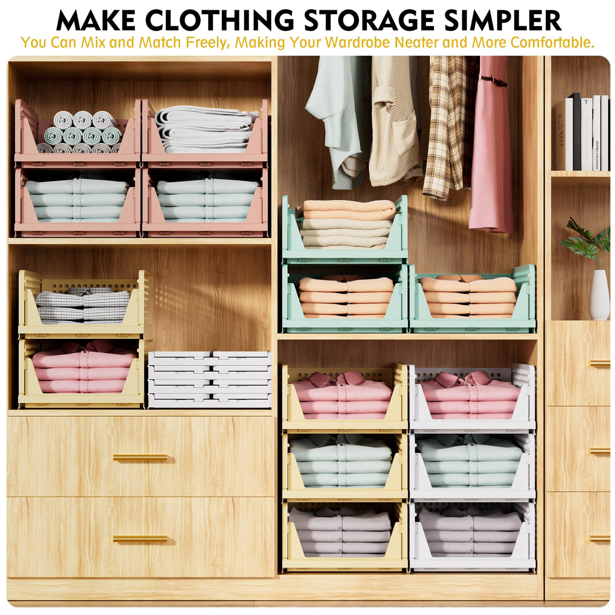 Stackable closet storage baskets organizing folded clothes in a wardrobe