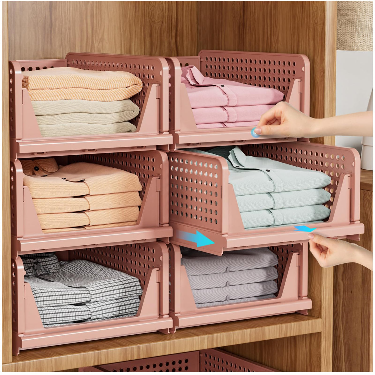 Stacked closet storage basket being pulled forward from a shelf