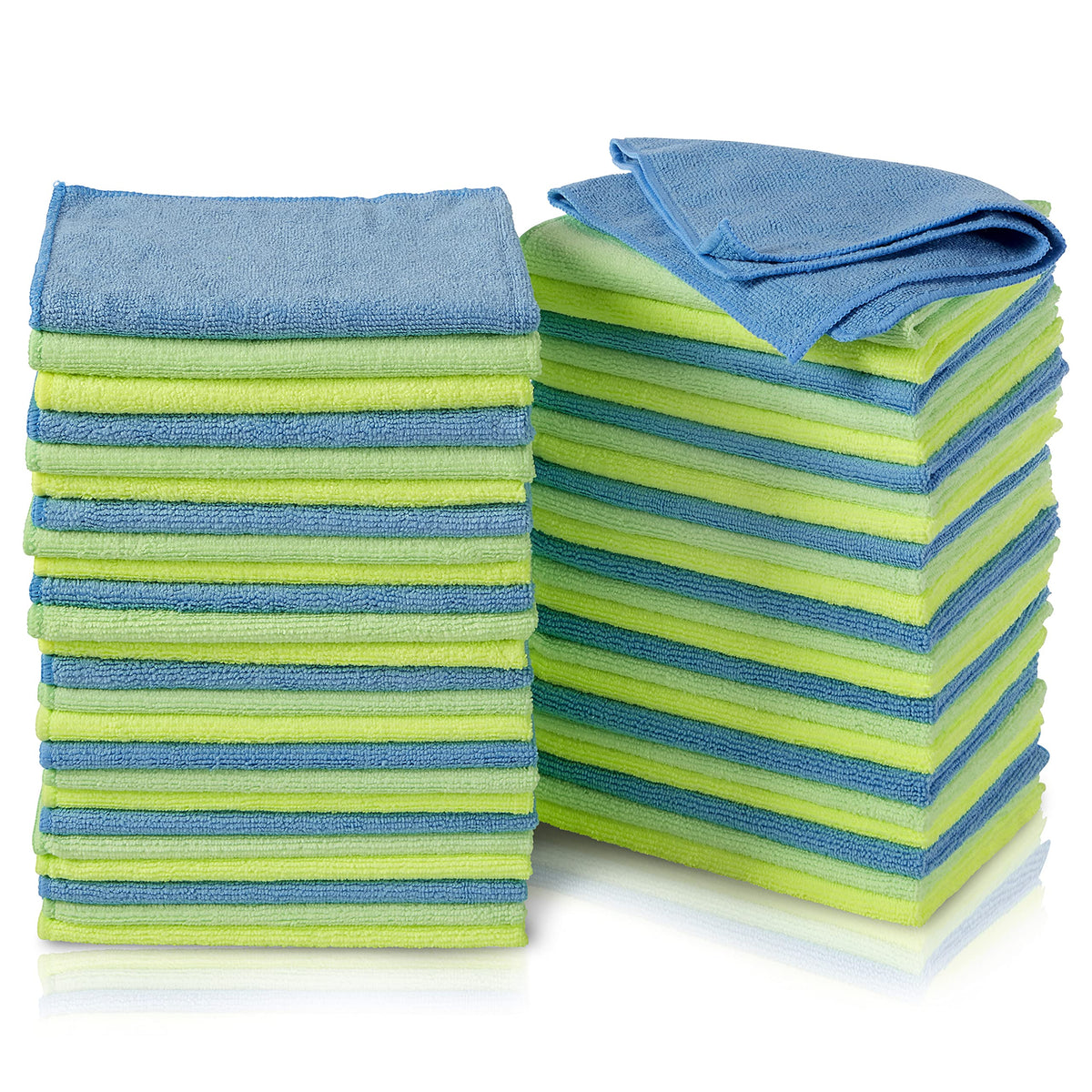 Stacks of blue and green microfiber cleaning cloths from a 36 pack