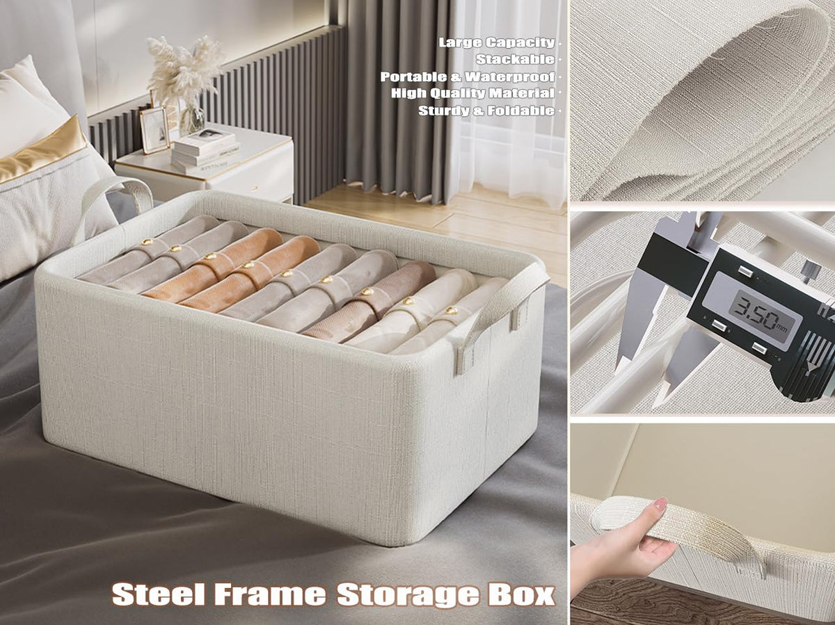 Steel frame storage box detail collage showing fabric thickness and handle construction