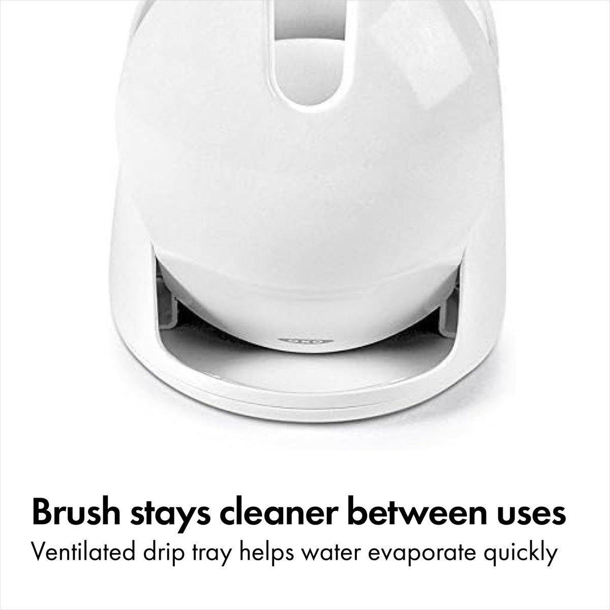 Ventilated drip tray on toilet brush holder designed to help water evaporate