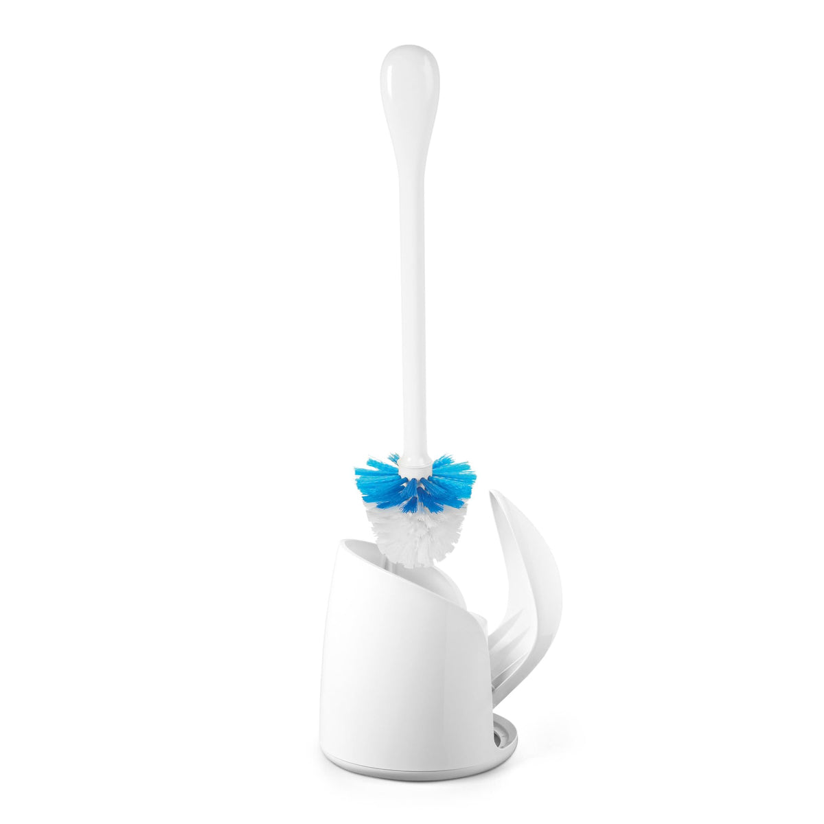Toilet brush positioned above an open hideaway canister