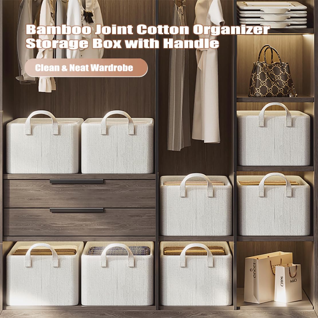 Multiple handled closet organizers used across wardrobe shelves
