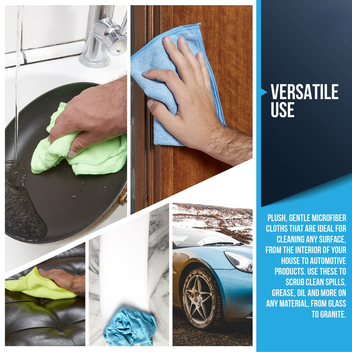 Versatile microfiber cloth use across kitchen, wood, furniture and automotive cleaning