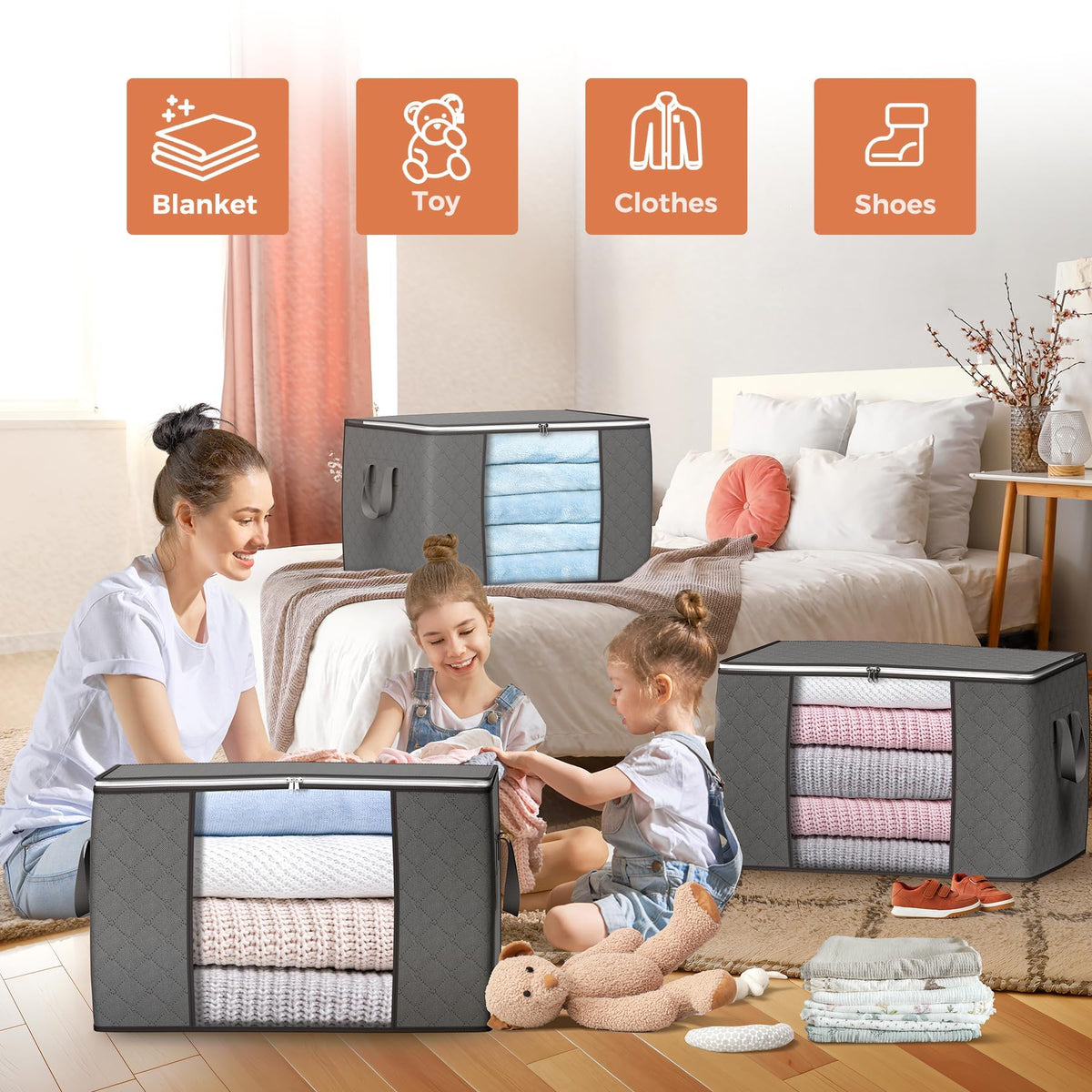 Large storage bags used for blankets toys clothes and shoes in a family bedroom