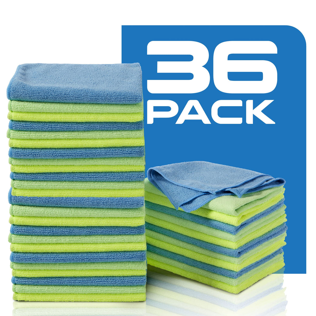 Assorted blue and green microfiber cleaning cloths in a 36 pack